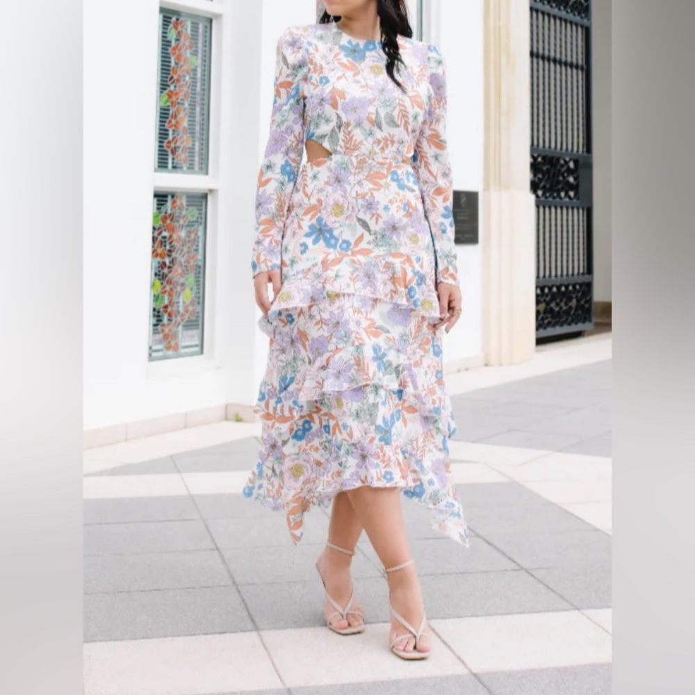 NWOT Peach Love Size Large Floral Ruffle Midi Boutique Dress Cutout Sides